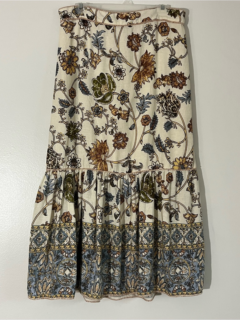 Calypso St Barth Floral Maxi Skirt in Cream & Blue Size Large